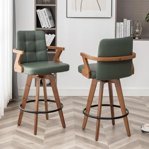 Vista 8 de MEKLIBA Taburetes de bar de 26” de altura de mostrador, Silla de bar tapizada en cuero, Taburetes giratorios con respaldo y brazos, Juego moderno
