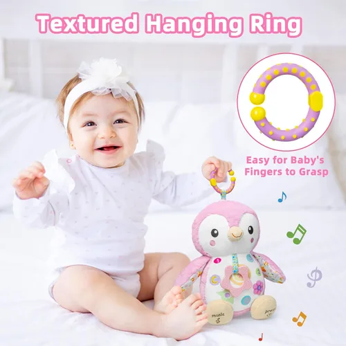 Vista 4 de Juguetes para bebés 0-6 meses, animal de peluche musical con sonajeros y papel crujiente, anillo colgante para juego sensorial, juguetes para tiempo