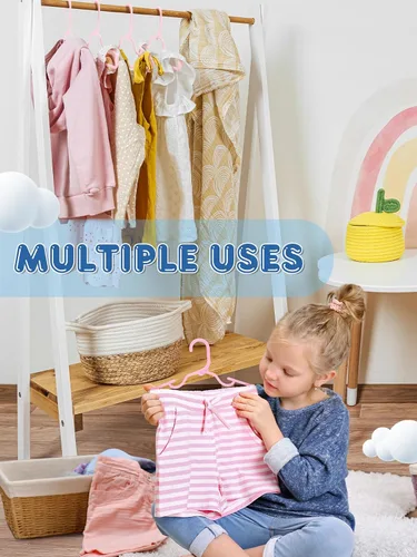 Vista 3 de Paquete de 60 perchas de plástico para niños, color rosa para uso diario 11.4-Inch Baby Clothes Hangers Fit Newborn to Toddler, Non-Slip Notches