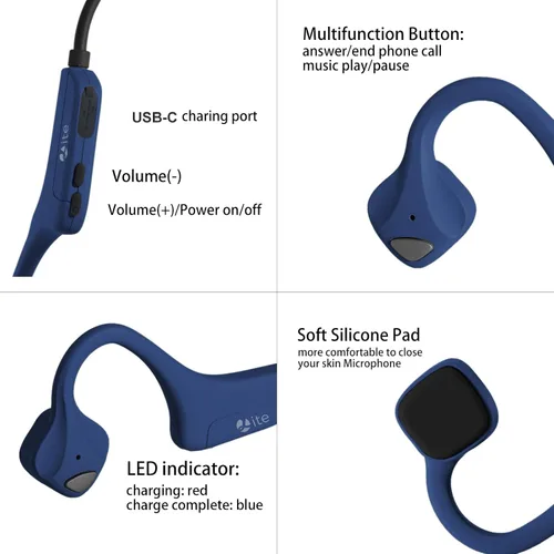 Vista 6 de Auriculares Bluetooth impermeables de conducción ósea Auriculares abiertos Auriculares azules con micrófono, auriculares Bluetooth con micrófono