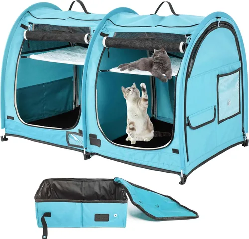 Vista 18 de Mispace - Jaula portátil de doble compartimiento para exposición, para gatos, cómoda jaula de viaje para perros con bolsa de transporte, 2