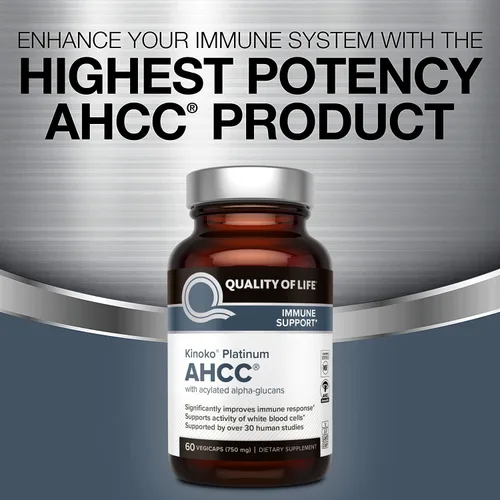 Vista 4 de Quality of Life AHCC Kinoko Platinum 750 mg - Suplemento de apoyo inmunológico premium - Paquete de 2, botellas de 60