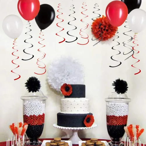 Vista 3 de MOWO Decoración Colgante de Remolino de Papel Metalizado Negro y Rojo para Cumpleaños Graduación Boda Año Nuevo Halloween Suministros de Fiesta