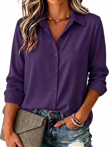 Vista 19 de Zeagoo Blusa para mujer, de manga larga, con botones, casual, ligera, lisa/estampada