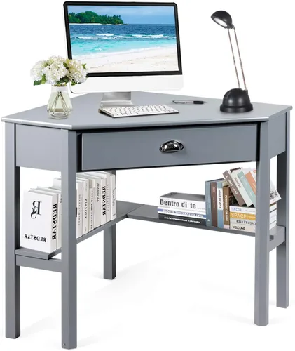 Vista 11 de Tangkula Escritorio esquinero, escritorio de esquina para computadora con cajón para espacio pequeño, escritorio de tocador de maquillaje de esquina