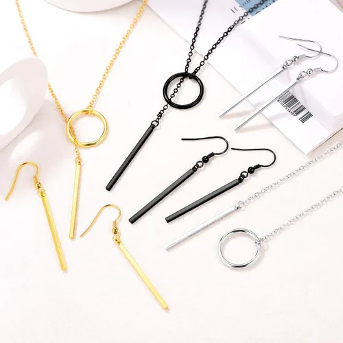 Vista 4 de FOCALOOK Collares largos para mujer, chapados en oro de 14 quilates, delicado colgante de barra de gota en forma de Y, juego de aretes de 28 pulgadas