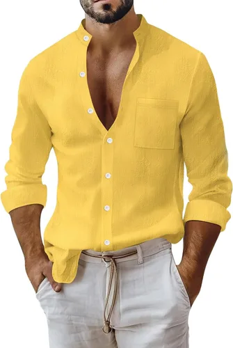 Vista 18 de Camisa de lino de algodón para hombre, manga larga con botones, cuello alto con bandas para playa y verano