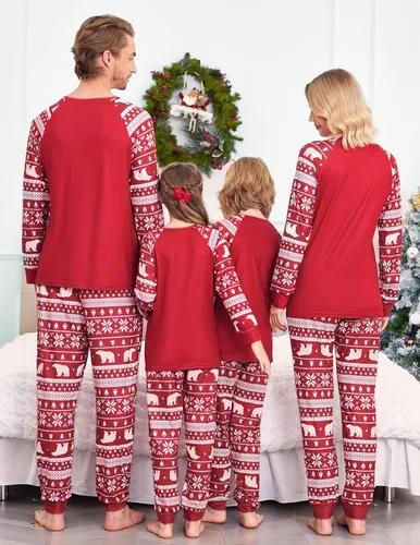 Vista 2 de Ekouaer Pijamas de Navidad para la familia, pijamas de manga larga a juego con pantalones a cuadros, ropa de dormir suave para descansar