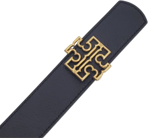 Vista 2 de Tory Burch 141742 Britten Logo Negro/Bronceado clásico con herrajes dorados Cinturón reversible de 1.5 pulgadas de ancho para mujer
