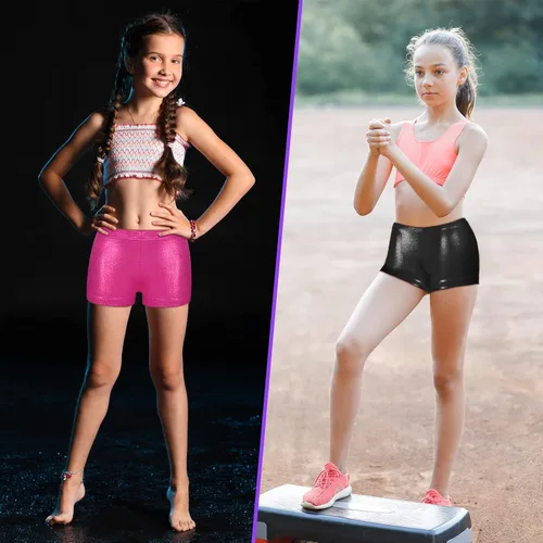 Vista 5 de SATINIOR 3 piezas de pantalones cortos de gimnasia para niñas con purpurina, pantalones cortos de ballet metálicos de elastano para niños y niñas