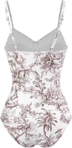 Vista 23 de Women Swimsuits Abstract Printing Notched Square/V Neck Floral Vacation One Piece with Cover Up