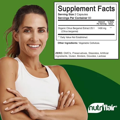 Vista 2 de NutriFlair Bergamota cítrica orgánica de 1400 mg, 120 cápsulas – Bergamia 25:1 – Aceite esencial y bioflavonoides cítricos – Suplementos naturales