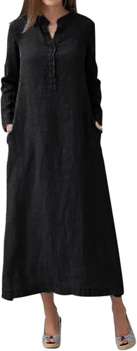 Vista 43 de Vestido de manga larga para mujer, casual, de algodón, lino, con botones, maxivestidos tipo caftán, blanco y azul
