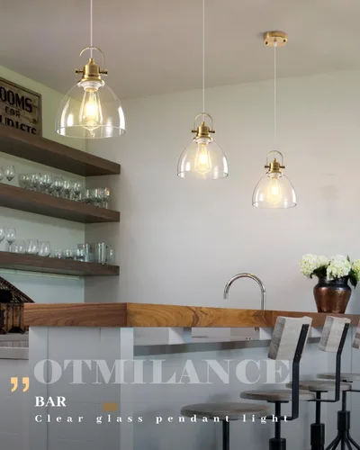 Vista 6 de Luces Colgantes de Vidrio para Isla de Cocina, 7.5 pulgadas Luces Colgantes de Vidrio Dorado 1-Paquete, Lámpara Colgante Moderna con Pantalla