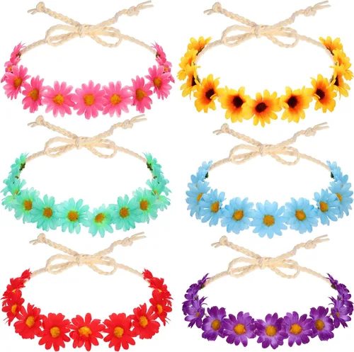 Vista 2 de Wrestler 12 Pcs Hippie Costume Set for Women Includes 6 Multicolor Lady Daisy Flower Crown 6 Round Sunglasses for Disco