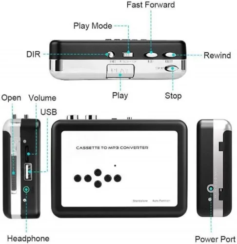 Vista 3 de Reproductor de casete portátil, convertidor de cassette USB a MP3, con función de reproducción, no necesita inversa automática de computadora