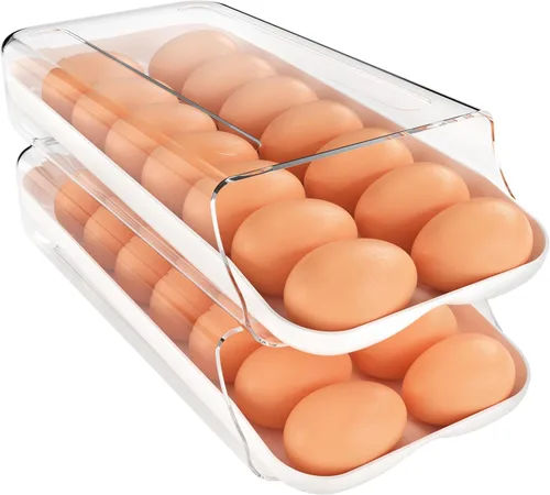 Vista 9 de theaoo Soporte para huevos para refrigerador, contenedor de huevos enrollable automático para refrigerador, dispensador de huevos de plástico