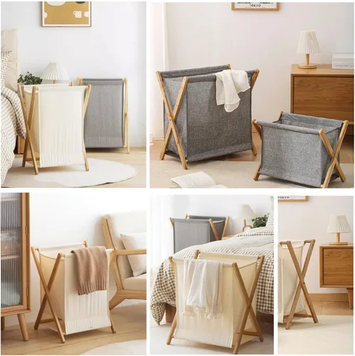 Vista 7 de AVIMYA Cesto para ropa sucia, beige, plegable, portátil, algodón y acero
