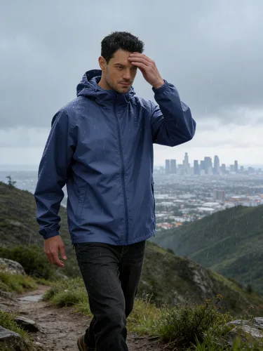 Vista 2 de Chaqueta impermeable para hombre, rompevientos, impermeable, para ciclismo, correr, senderismo, con capucha, ligera, plegable