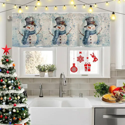 Vista 2 de Cortinas de cocina con muñeco de nieve azul para ventana de baño de cocina