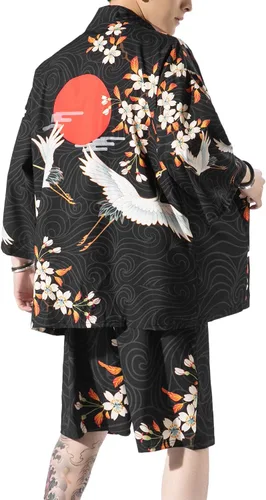 Vista 2 de PRIJOUHE Mens Kimono Two Piece Set Japanese Yukata Summer Beach Outfits