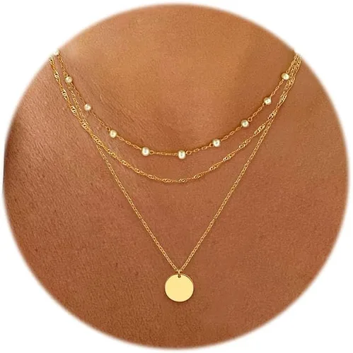 Vista 11 de Aisansty - Gargantilla de varias capas, hecha a mano, con forma de tubo, dije de moneda, colgante de perla y estrella, cadena ajustable de varias