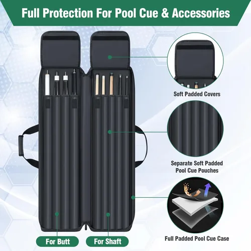 Vista 2 de Estuche para Taco de Billar 4x5, Funda de Transporte para Taco de Billar Suave Acolchada Bolsa para Palos de Billar con Múltiples Bolsillos para 4