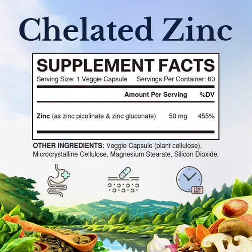 Vista 2 de Vitalitown Zinc quelatado de 50 mg, picolinato de zinc y gluconato, 60 cápsulas vegetales, bien absorbido, sistema inmunológico, piel y desarrollo