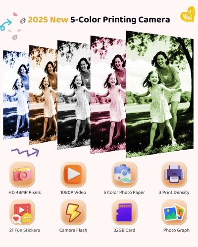 Vista 2 de Cámara de impresión instantánea en color para niños – Cámara para niños con 5 papeles fotográficos de color, video de 48MP y 1080P, 21 marcos