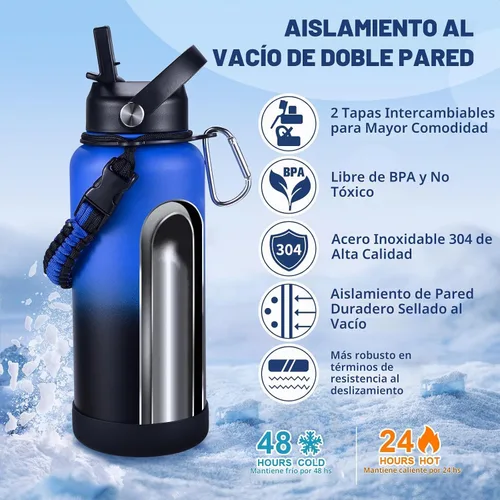 Vista 3 de Botella de Agua Aislada, botellas de agua de boca ancha de acero inoxidable de 32 onzas con 2 tapas a prueba de fugas y mango de paracord, botella