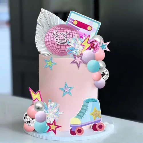 Vista 8 de 40 adornos para tartas de patinaje de los años 80 y 90, decoración retro de cumpleaños de niña con mini bolas para patinaje, suministros de fiesta