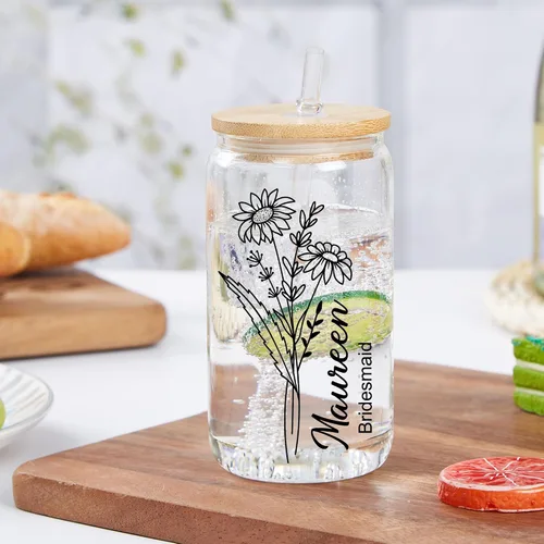 Vista 5 de Mostop Tazas de café helado personalizadas con tapas y pajitas, vidrio colorido, nombre personalizado y vaso de flor de nacimiento para ella, amiga