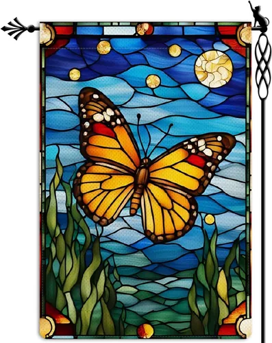 Vista 12 de Bandera de jardín de mariposa para primavera y verano, floral, bandera de jardín, vertical, de doble cara, rústica, arpillera, patio, césped