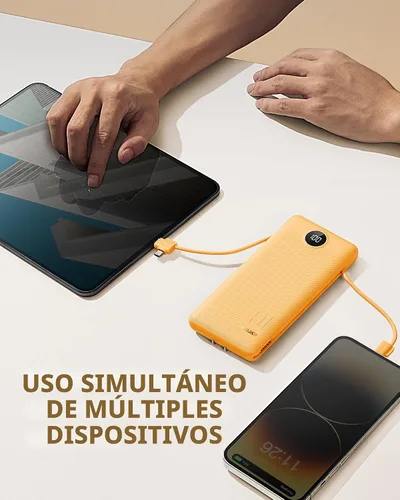 Vista 6 de VRURC Cargador portátil, cables integrados en el banco de energía y enchufe Naranja