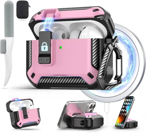 Vista 9 de Maxjoy Funda para AirPods Pro 3 2025, MagSafe compatible con bloqueo automático, funda protectora a prueba de golpes con soporte para teléfono