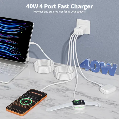 Vista 9 de Cargador de carga rápida para iPhone 17 16 15 Pro Max de 10 pies, 40 W, paquete de 2 4 puertos PD y AC, cable de carga rápida USB C a C de 10 pies