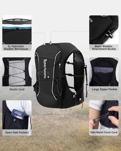 Vista 5 de Sportsnew Chaleco para correr para mujeres y hombres, mochila ligera de hidratación de 10L con bolsillo impermeable para teléfono, paquete