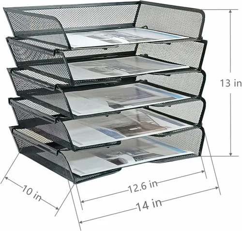 Vista 3 de Organizador de escritorio de malla metálica de 5 niveles, bandejas apilables para suministros de oficina, sistema de almacenamiento de archivos
