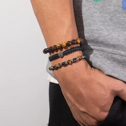 Vista 2 de Juego de pulseras de cuentas para hombre de 0.315 in y 0.157 in de piedras preciosas curativas trenzadas con dije de circonita cúbica, pulsera
