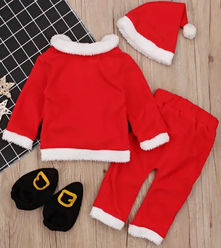 Vista 2 de LOTUCY Unisex para bebé 4 piezas cálido para Navidad Papá Noel forro polar abrigo pantalones sombrero zapatos ropa de Año Nuevo