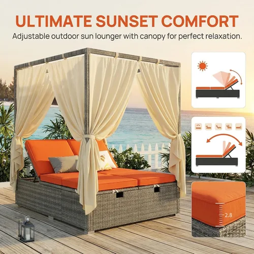 Vista 3 de Harper & Bright Designs Tumbona ajustable para exteriores con dosel, silla reclinable multiposición con cojín extraíble, tumbona de ratán resistente