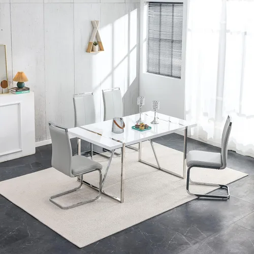 Vista 9 de Juego de sillas de mesa de comedor para 4, mesa de cocina rectangular moderna de 55 pulgadas con sillas acolchadas de cuero, juego de mesa de Negro