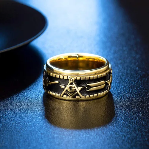 Vista 2 de Anillo giratorio masónico masónico de acero inoxidable para hombre, banda de sello vintage para aliviar la ansiedad, joyería antiestrés