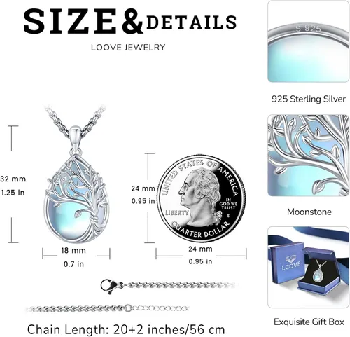 Vista 4 de Regalos de joyería collar del árbol de la vida de plata esterlina, concha de abulón, ópalo, piedra lunar, ónix negro, turquesa, malaquita, cristal