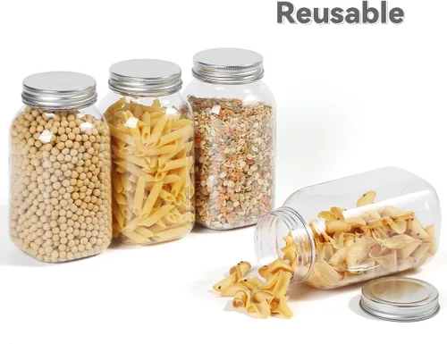 Vista 5 de Paquete de 6 tarros Mason de 32 onzas de plástico transparente con tapa Silver Matel Tarros vacíos de plástico para cocina y hogar