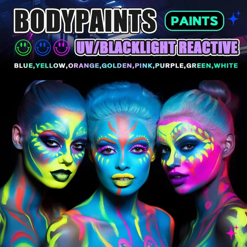 Vista 5 de Go Ho Pintura corporal azul neón lavable (2.37 onzas, 2.4 fl oz), pintura facial neón con luz negra UV, pintura facial azul fluorescente a base