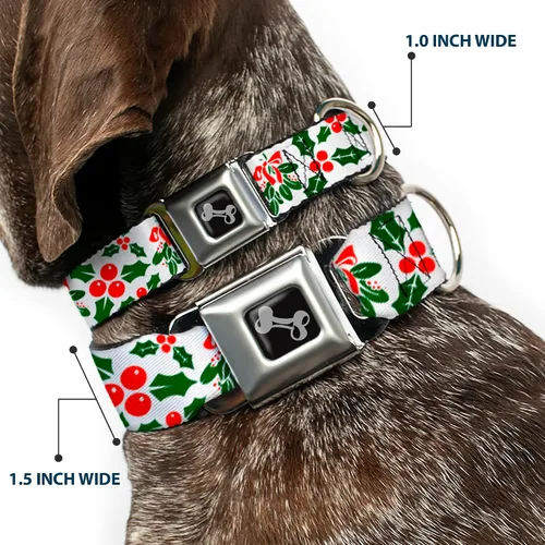 Vista 2 de buckle-down Holly & Mistletoe perro collar HUESO, Wide grande/18 – 32" Holly Mistletoe Durable Metal Adjustable ID Tag Ring