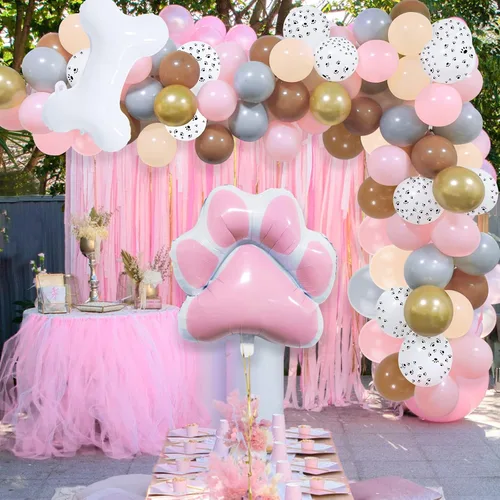 Vista 5 de Decoraciones de fiesta de perro, guirnalda de globos de pata de perro rosa, kit de arco de guirnalda de globos de fiesta de perro con pata de perro