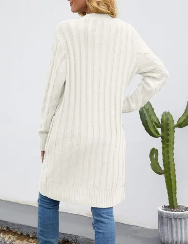 Vista 3 de MEROKEETY - Cárdigan largo de punto trenzado para mujer, suéter tejido de manga larga, abierto por delante y con botones, ropa para exteriores