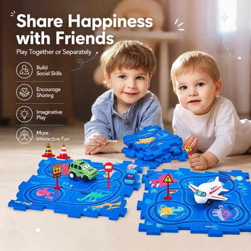 Vista 6 de hahaland Puzzle Racer Juego de Pista de Coches para Niños - Tamaño Más Grande de 5x5 Pulgadas de Cada Pieza, Juguetes para Edades 3-4, para Niños